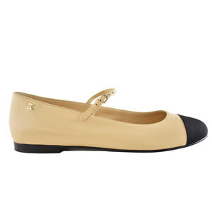 Chanel 24A Beige Leather Black CC Logo Mary Jane Strap Ballerina Ballet Flat 42
